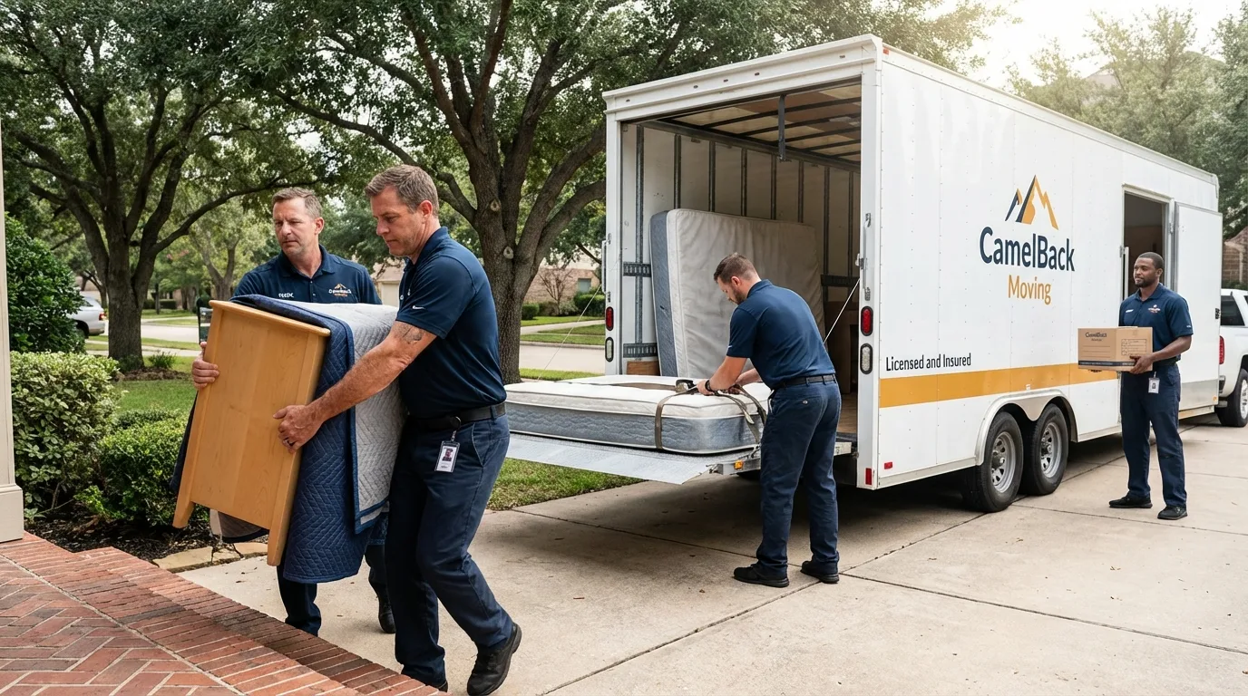 Crew loading residential truck for cross-state move from Oneonta, AL