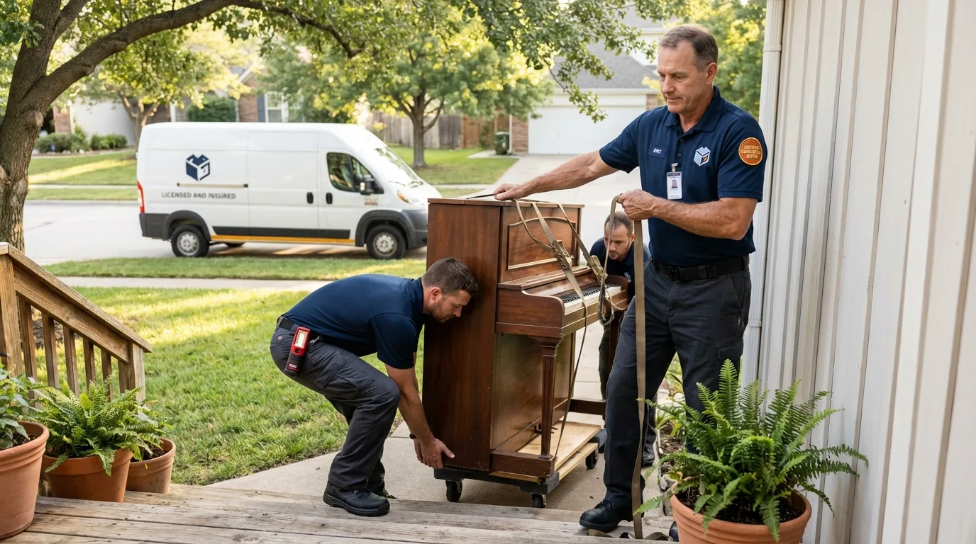 Licensed piano movers securing grand piano in Oneonta, AL