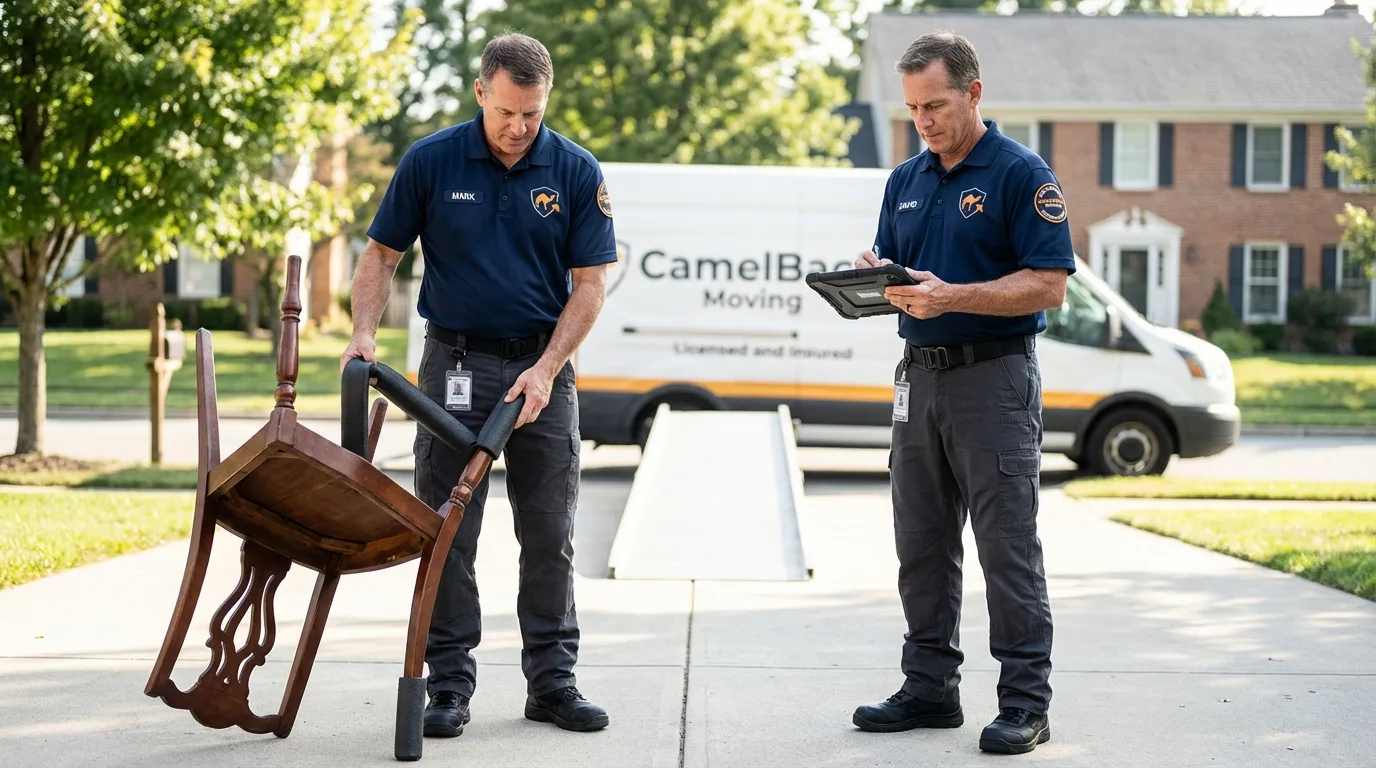 Movers inspecting furniture for damage prevention before loading in Oneonta, AL